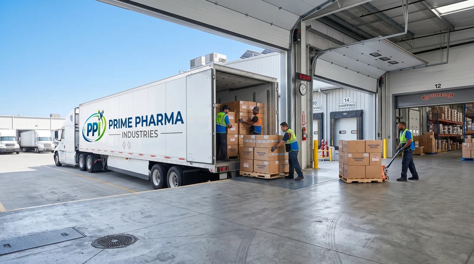 A Prime Pharma Industries lorry being loaded with palletised cartons at the shipping dock