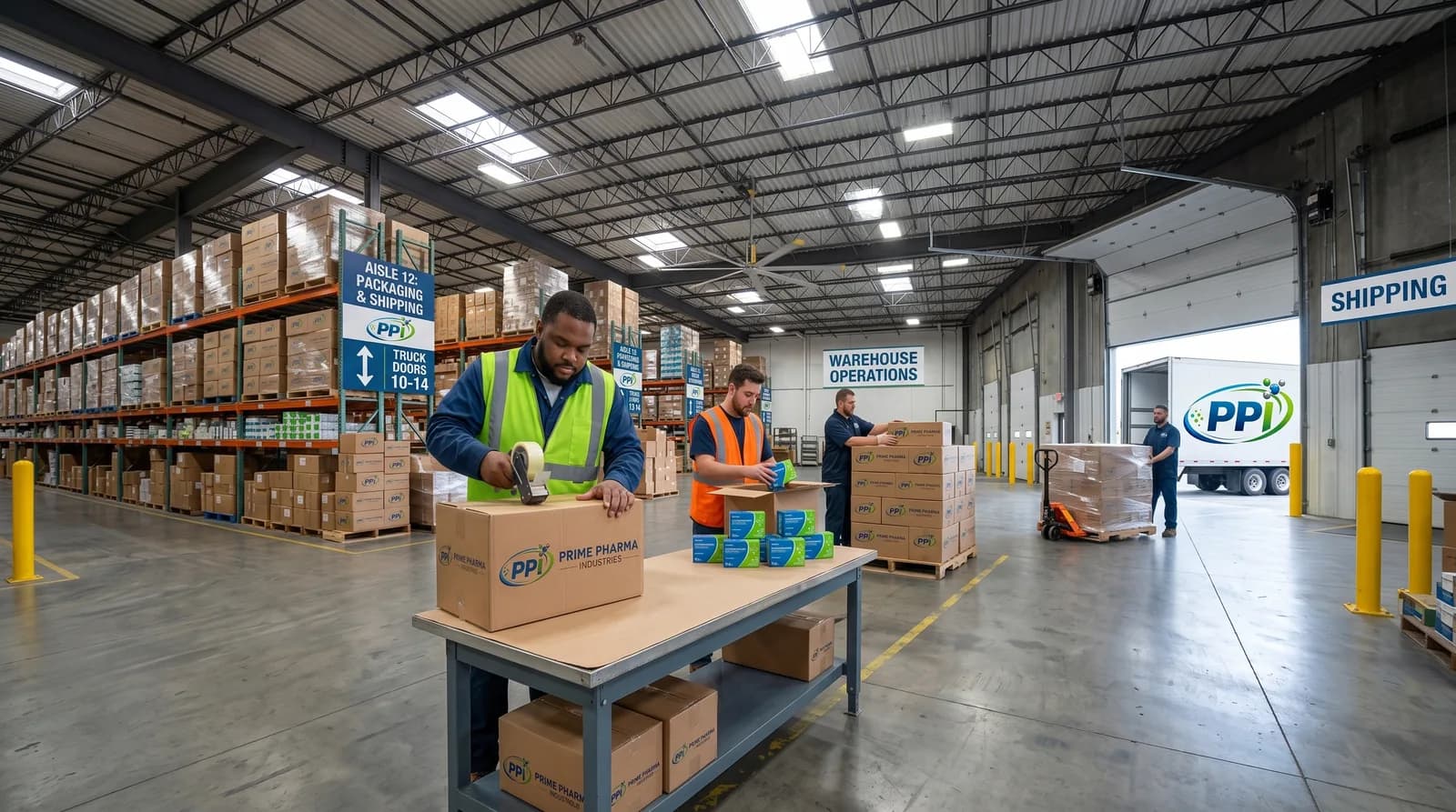 Prime Pharma Industries warehouse operations team packing and palletising branded cartons for shipping